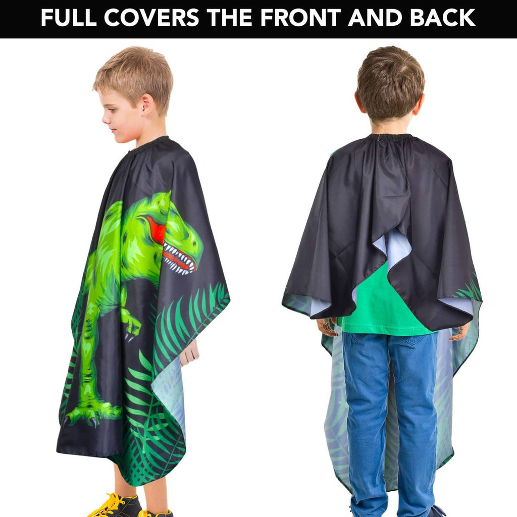 Kids haircut cape front and back view, black with green dinosaur graphic