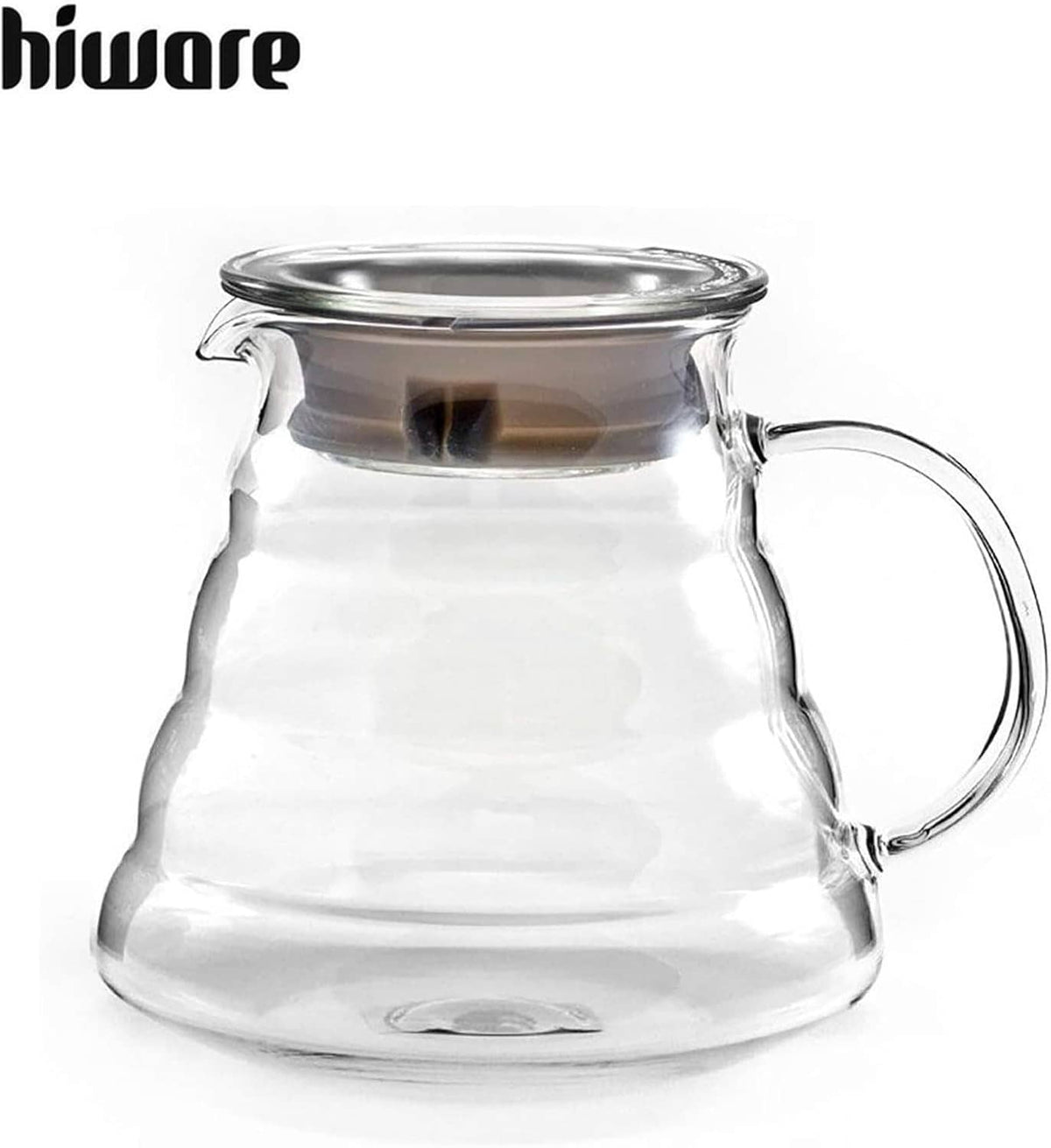 Clear glass coffee carafe with lid, rounded body, and side handle