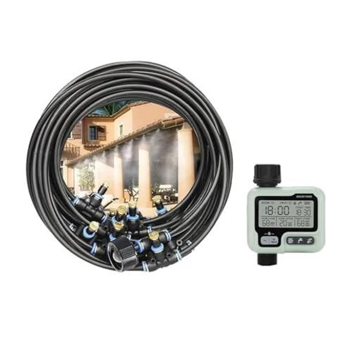Outdoor water misting cooling kit with coiled hose and digital timer controller