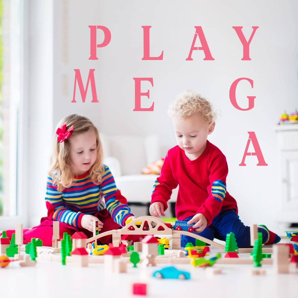 Stencil alphabet letters arranged as “PLAY MEGA” with playful letter spacing