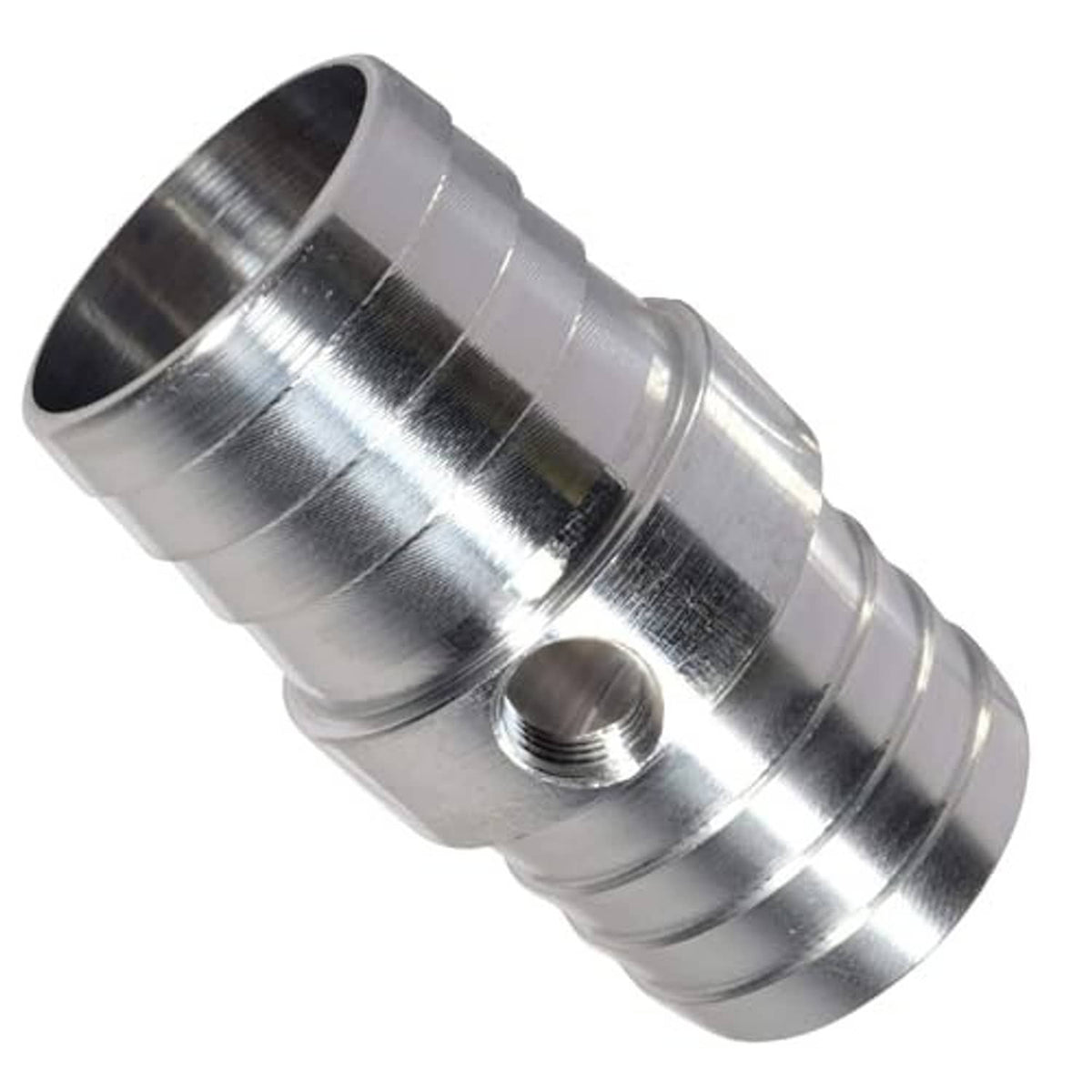 Radiator hose barb coupler, chrome metal flared end and central threaded NPT port