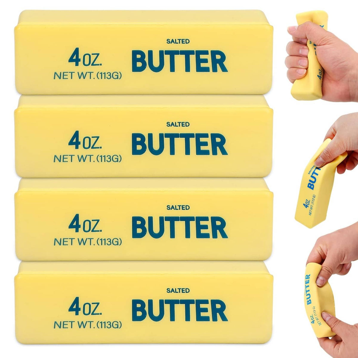 Yellow salted butter squishy fidget toy, 4 oz bar, held by a hand