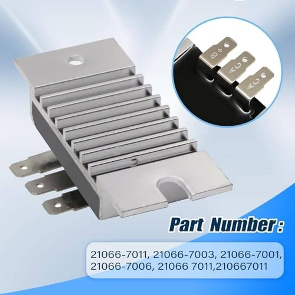Voltage regulator rectifier with silver heatsink fins and close-up of three blade terminals
