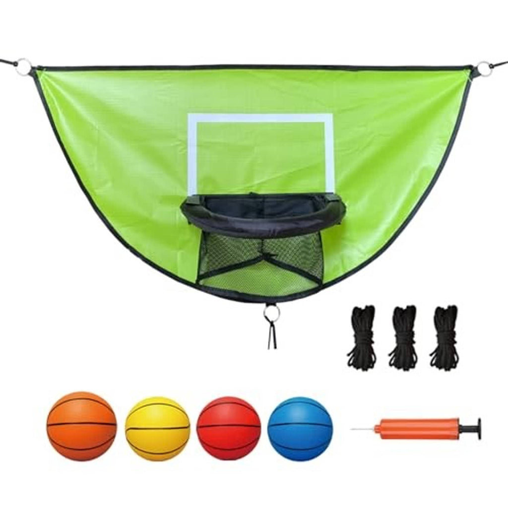 Green trampoline basketball hoop set with four mini balls and orange hand pump