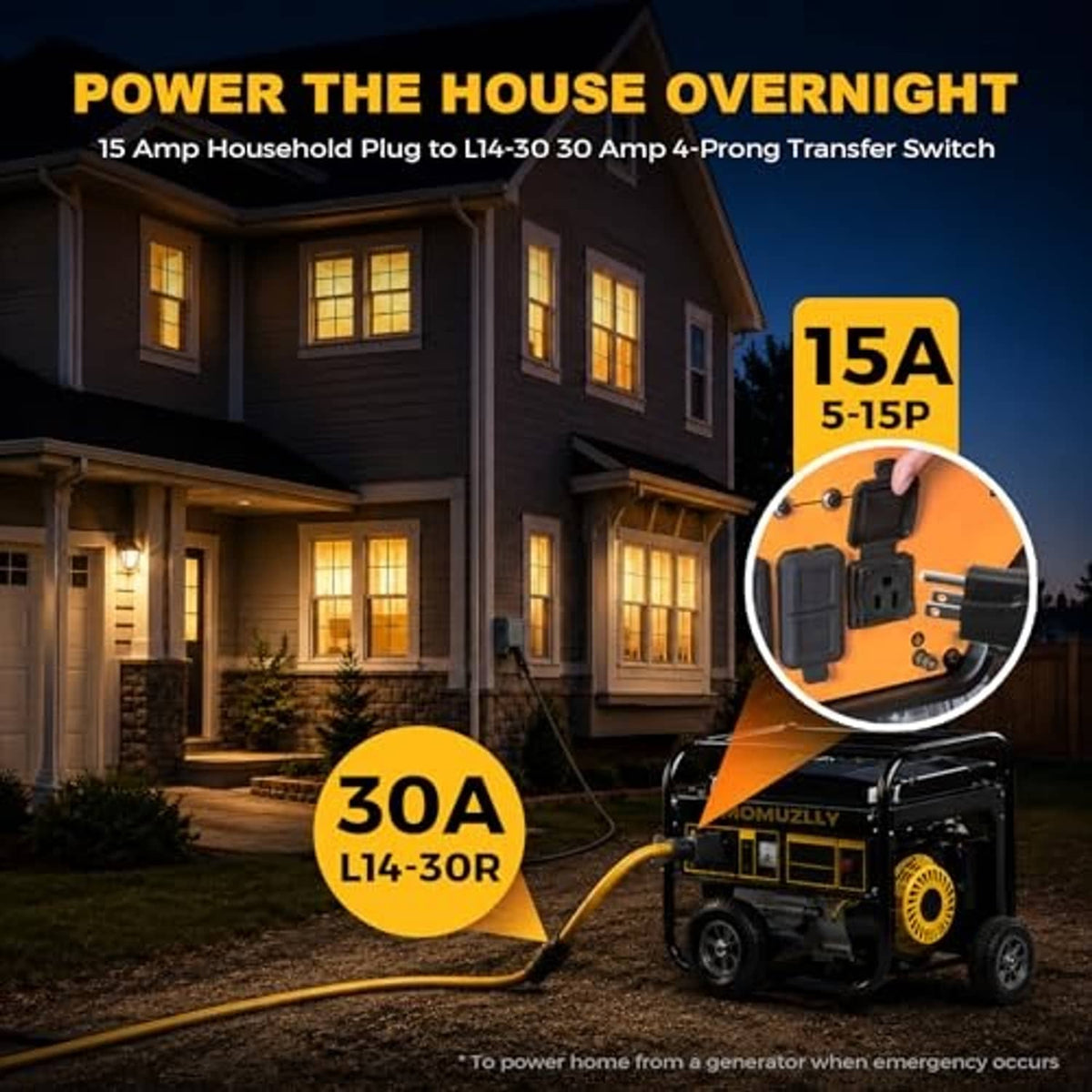 Yellow power adapter cord with black NEMA 5-15P and L14-30R ends