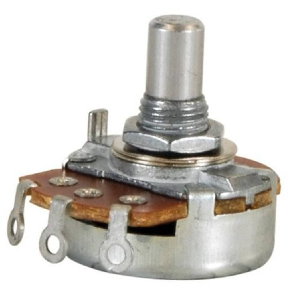 10K audio taper potentiometer with metal body and threaded 1/4 inch shaft, solder lugs