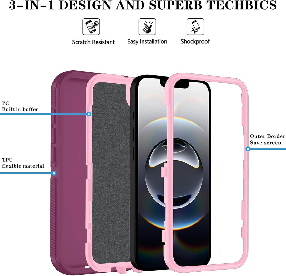 Purple and pink dual-layer phone case with screen protector, visible side and material layers.