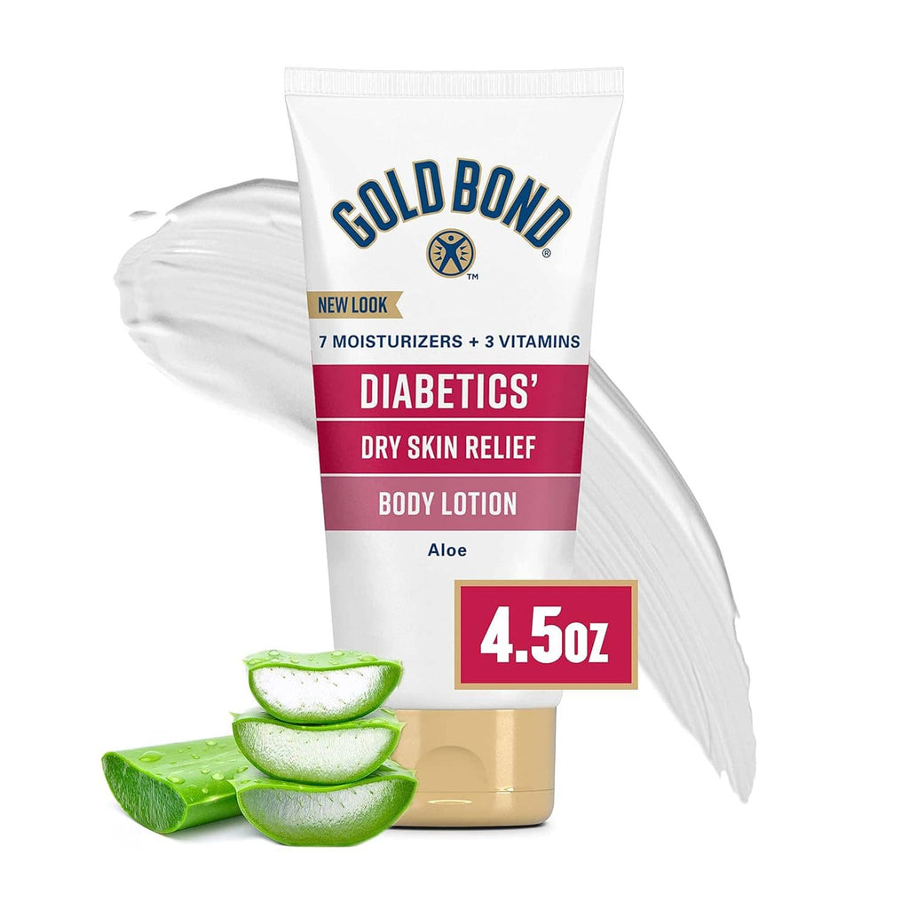 Gold Bond diabetic body lotion tube showing aloe, 4.5 oz pack size, and moisturizer swirls