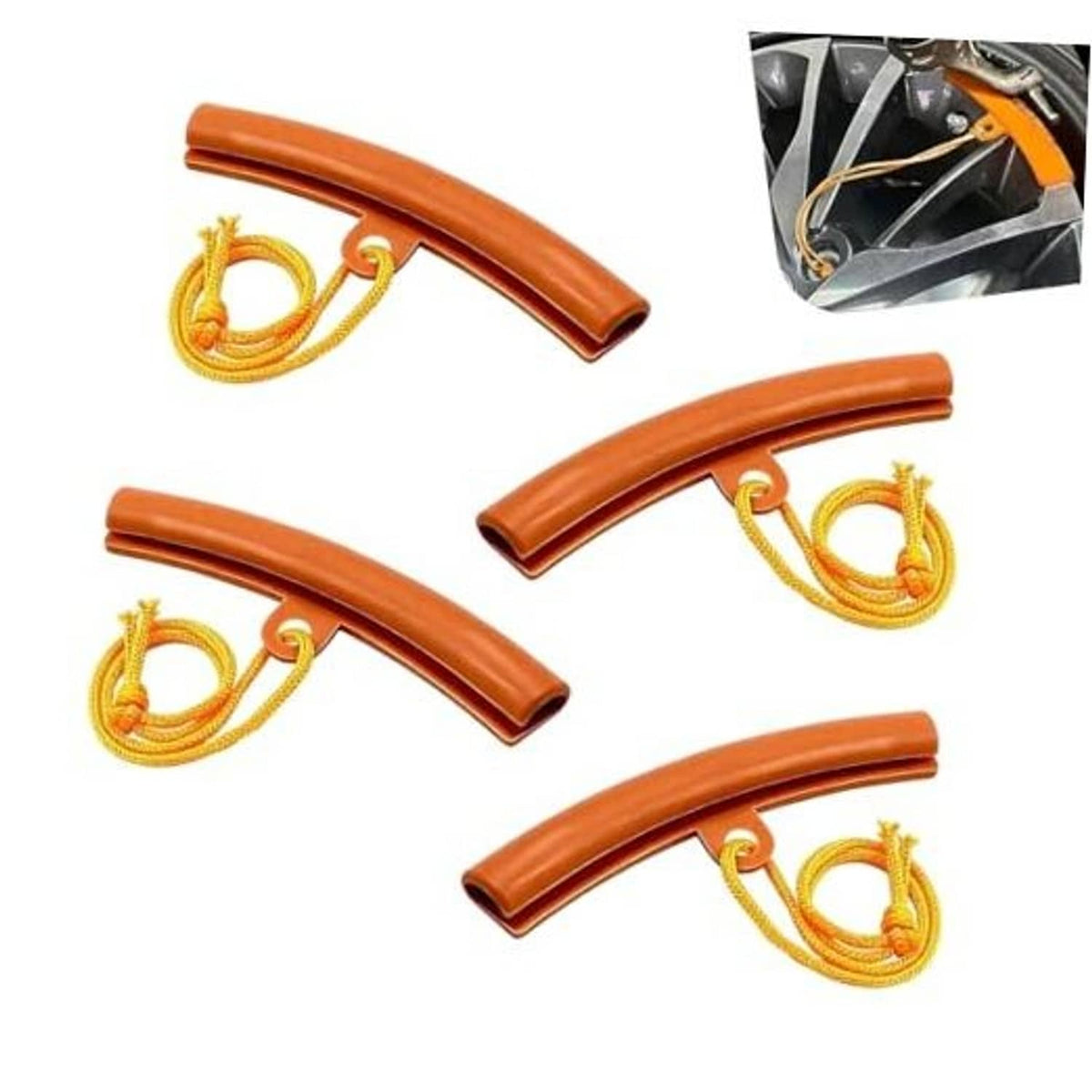 Orange curved tire rim protector set with 4 pieces and yellow securing ropes