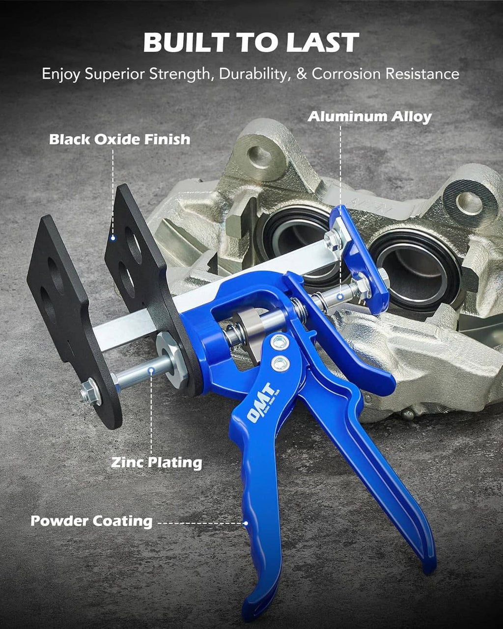 Blue brake caliper piston compressor tool with black steel plates and zinc-plated screw