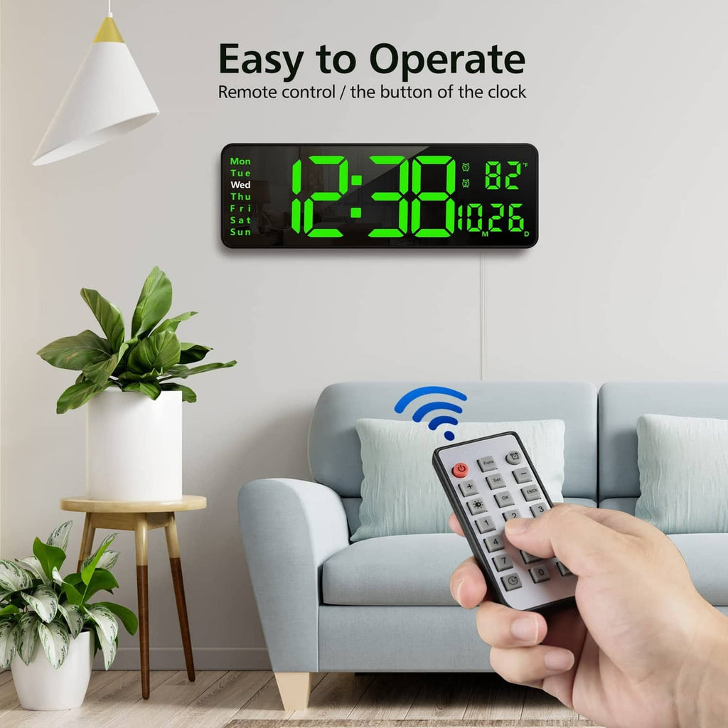 Digital wall clock with green LED display controlled by handheld remote