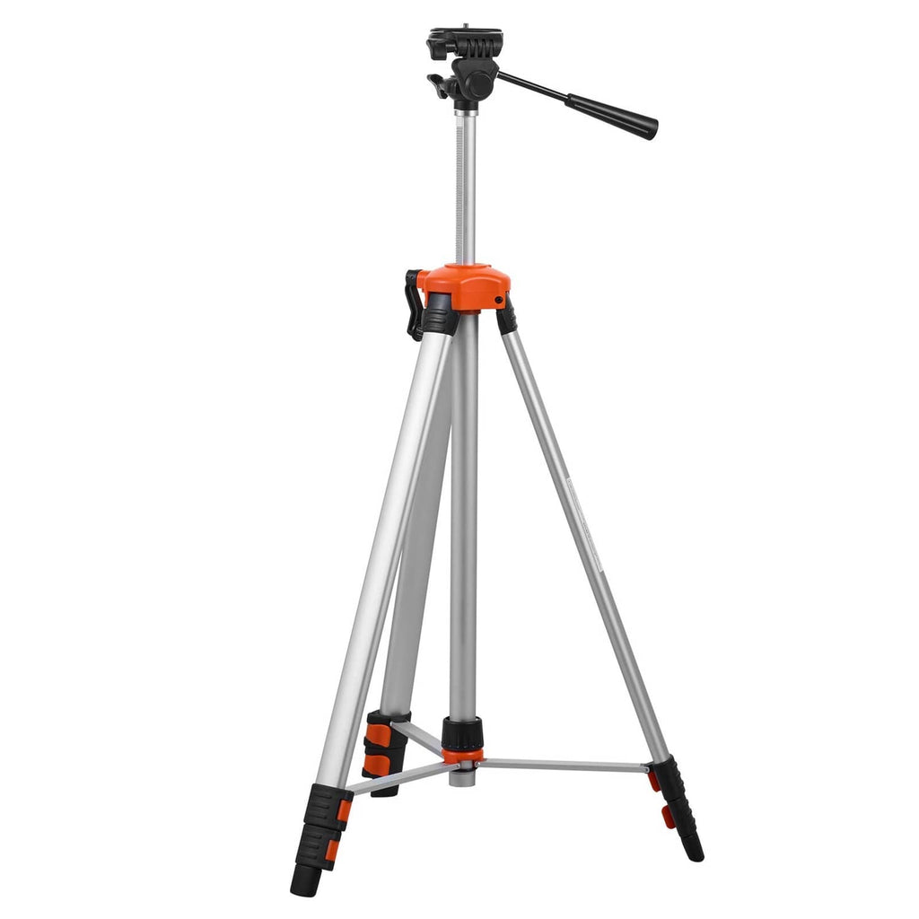 Laser level tripod with orange housing, black mount, and extended silver tripod legs