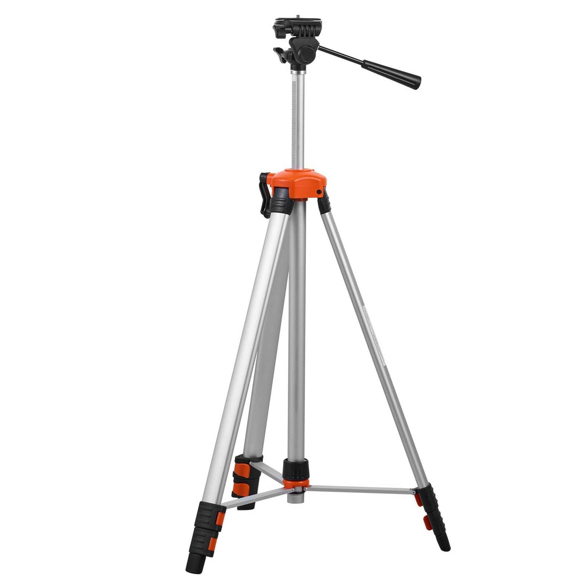 Laser level tripod with orange housing, black mount, and extended silver tripod legs