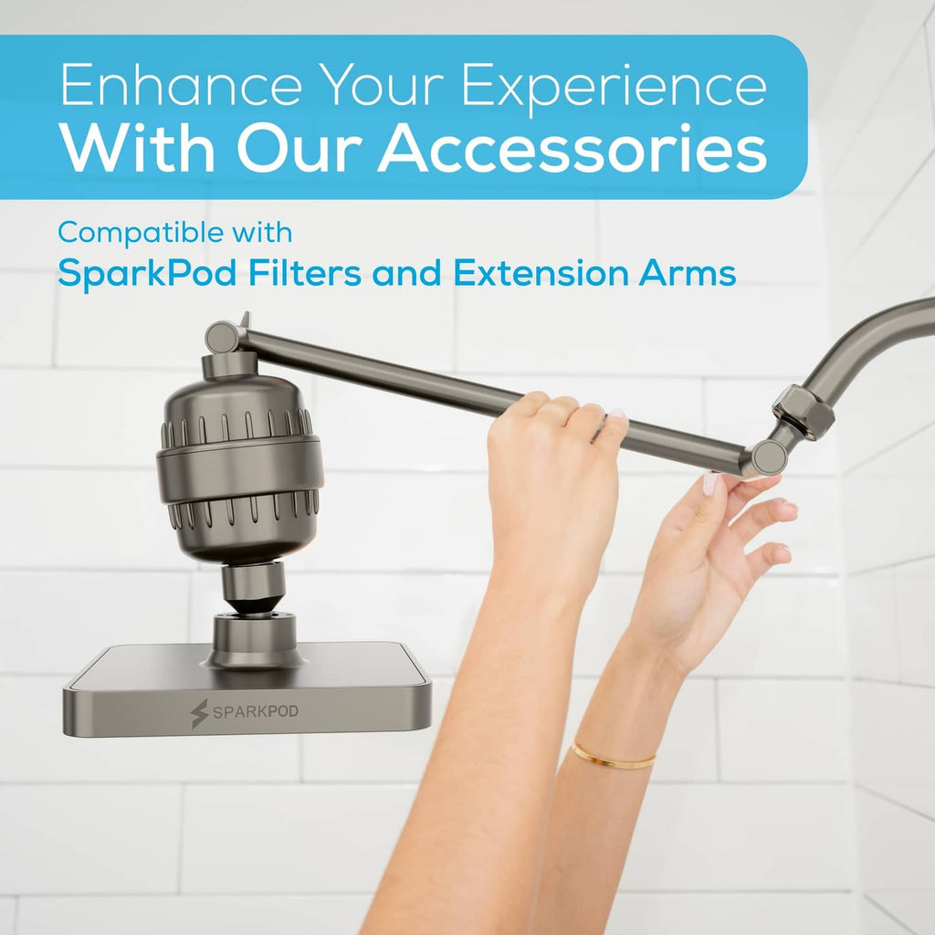 Brushed nickel rain shower head with accessory filter and extension arm