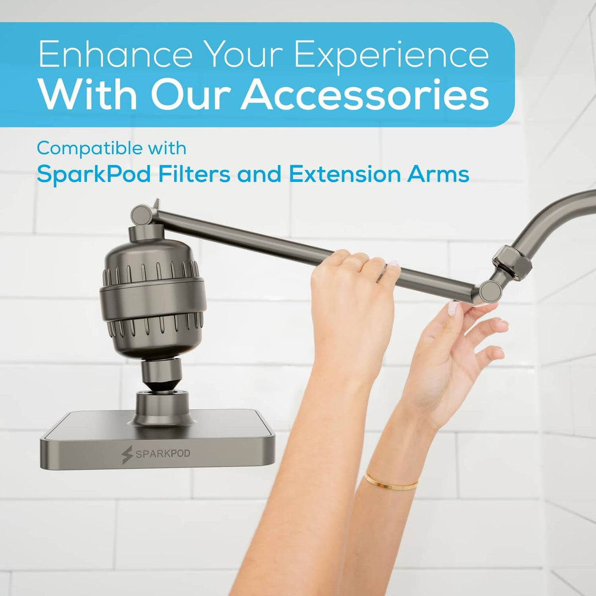 Brushed nickel rain shower head with accessory filter and extension arm