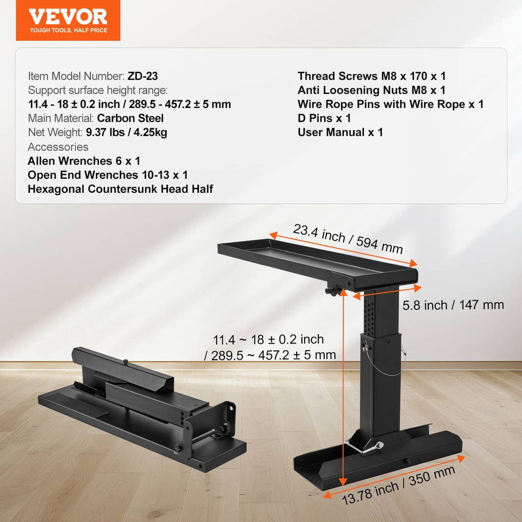 Black ladder stabilizer with labeled dimensions and included hardware layout
