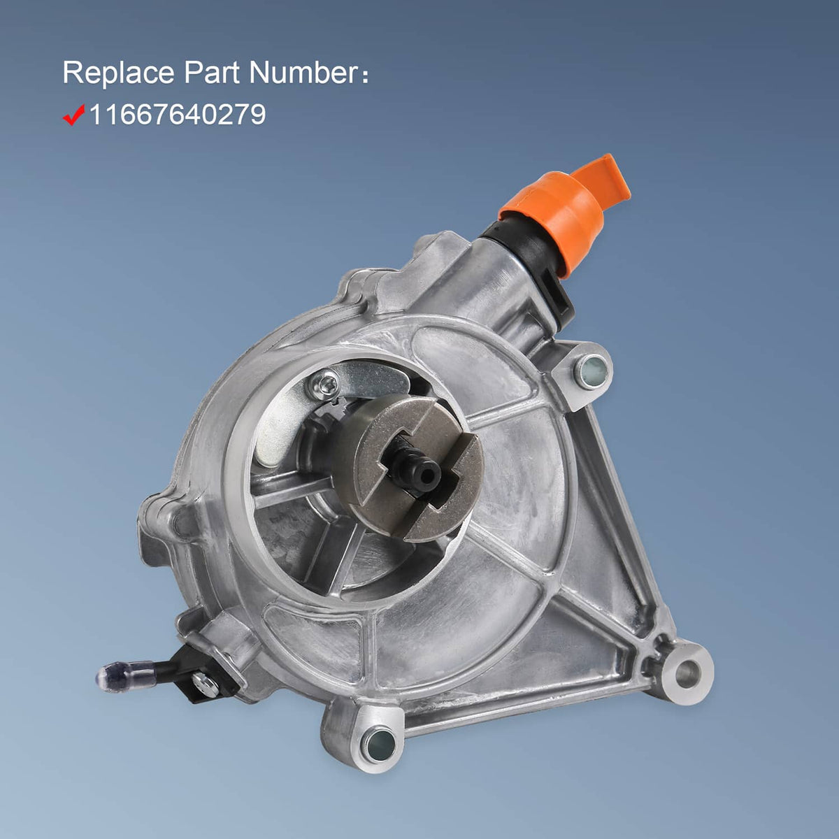 Silver vacuum pump assembly with orange outlet and front mounting bracket