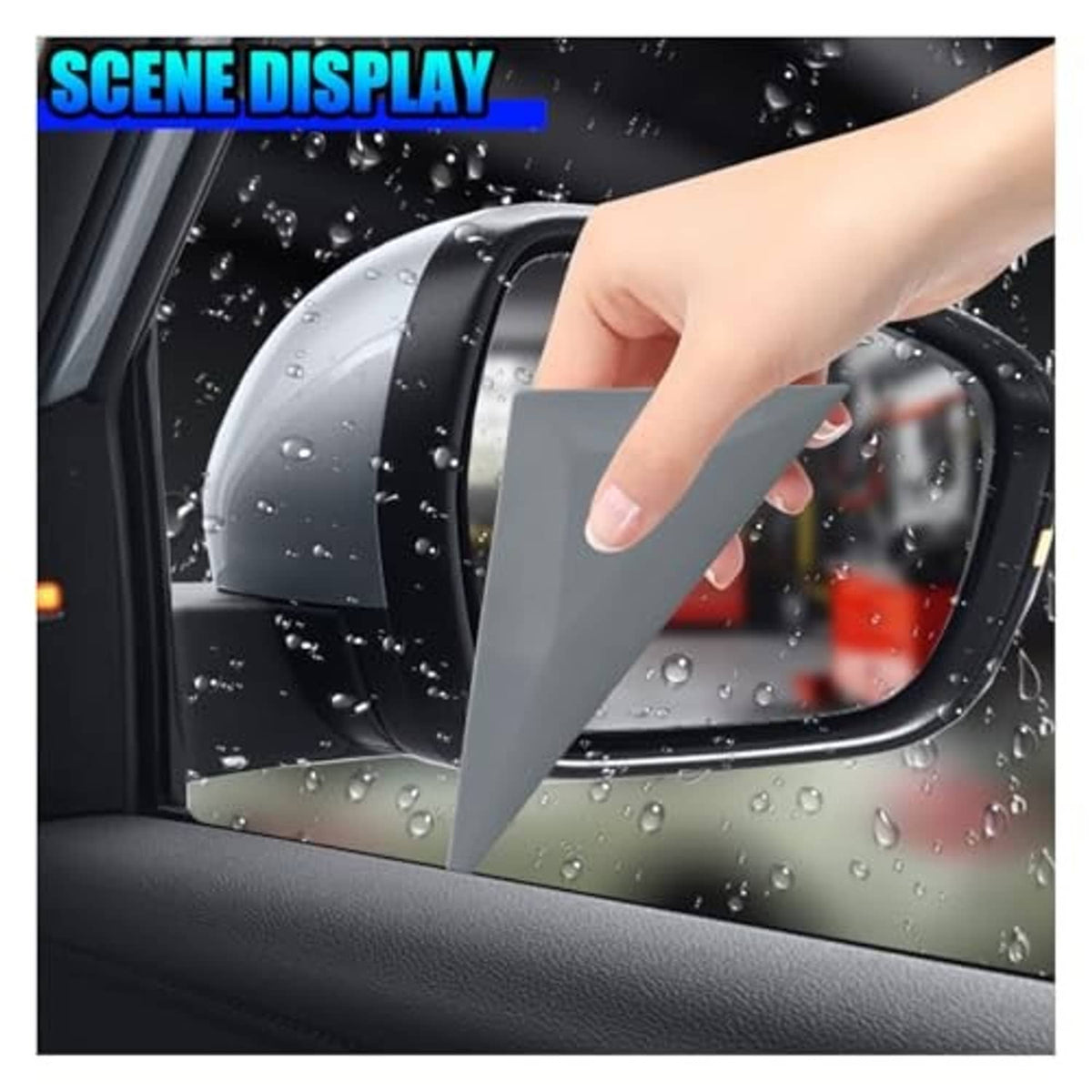 Gray triangular squeegee pressing window tint on car window with droplets