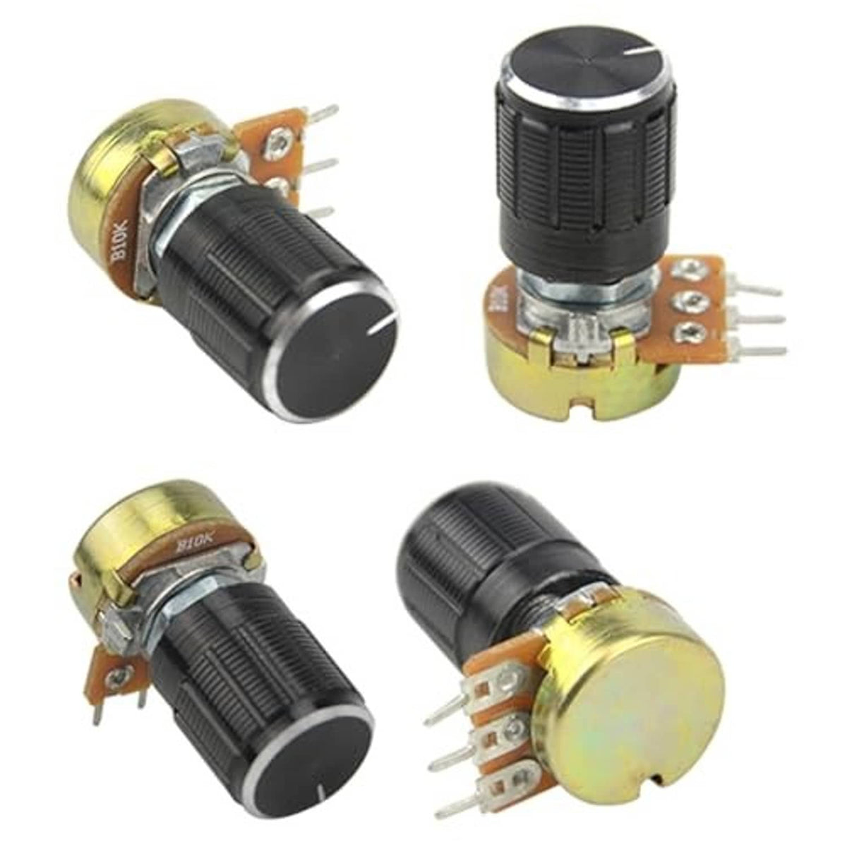 Assorted rotary potentiometers with knurled metal shafts, black knobs, and 3-pin terminals