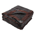Outdoor woven sun shade cloth, dark charcoal with rust-brown stitched borders, grommets