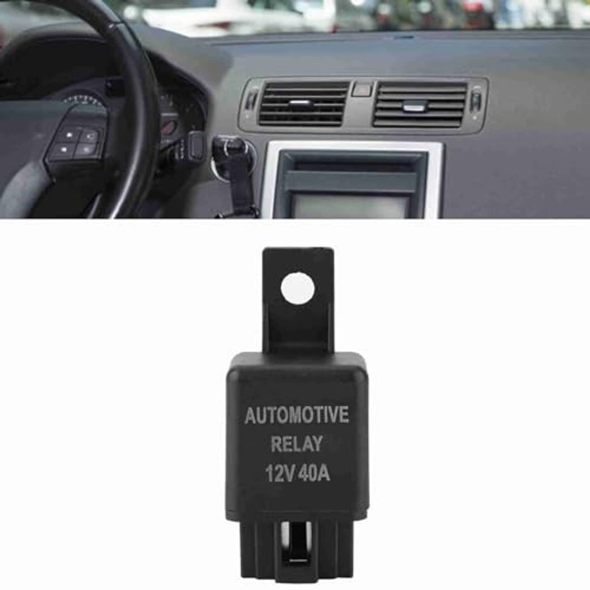 Automotive relay 12V 40A upright view with black plastic housing and terminals
