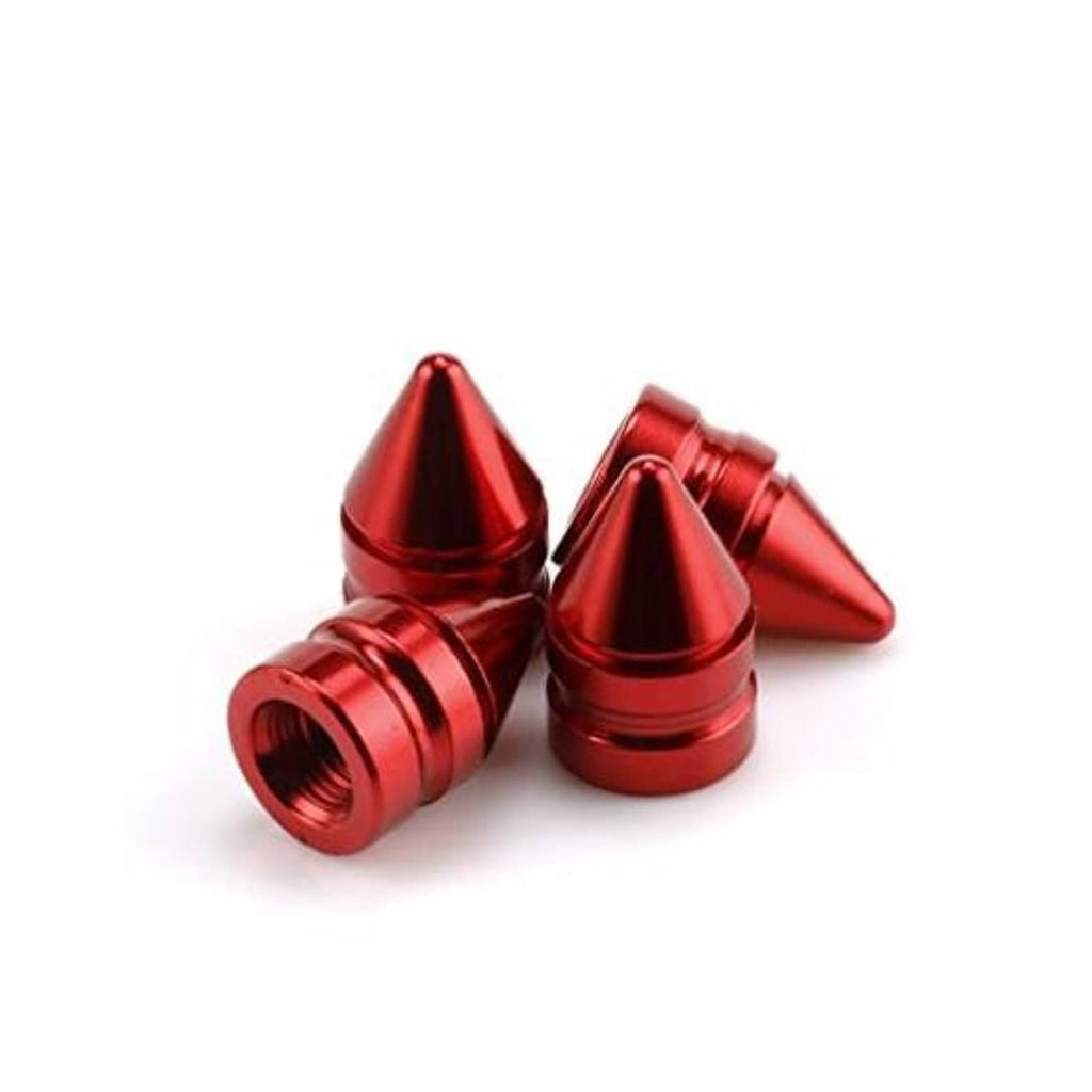 Set of four red conical aluminum valve caps with threaded openings for car tires