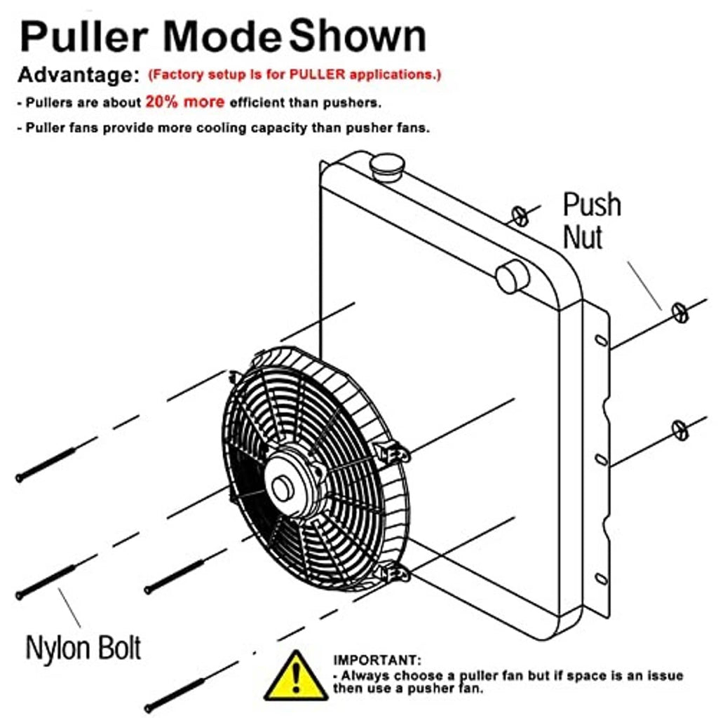 Radiator cooling fan puller-mode schematic with push nut and nylon bolt notes