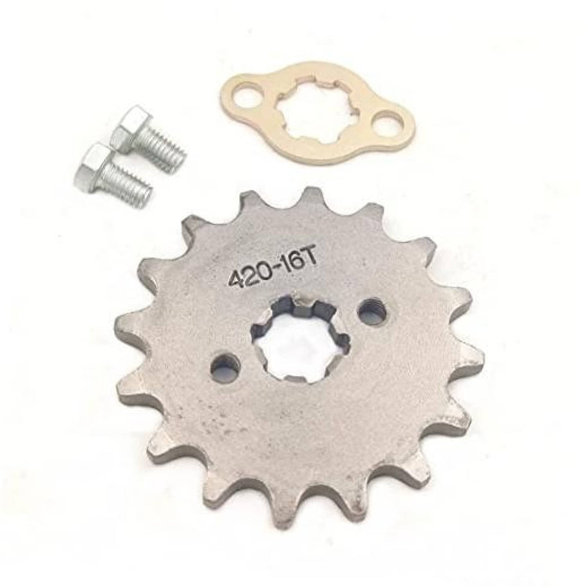 420-16T motorcycle front engine sprocket with mounting plate and screws, steel finish