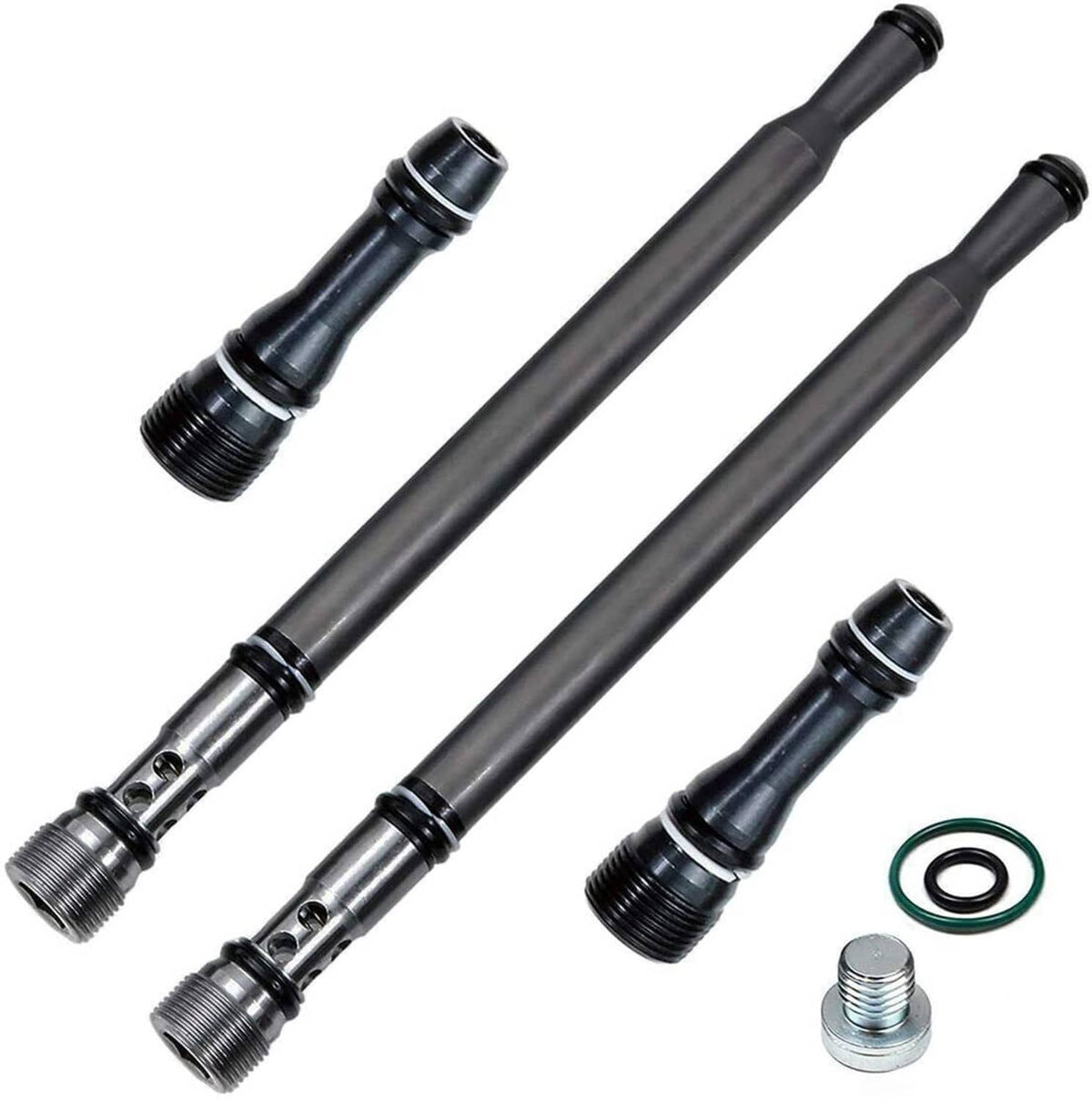 Four-piece black fuel stand pipe dummy plug kit with metal inserts and green gasket