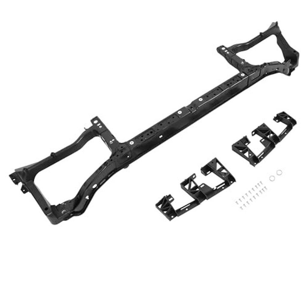 Upper radiator core support assembly kit pieces on black metal frame