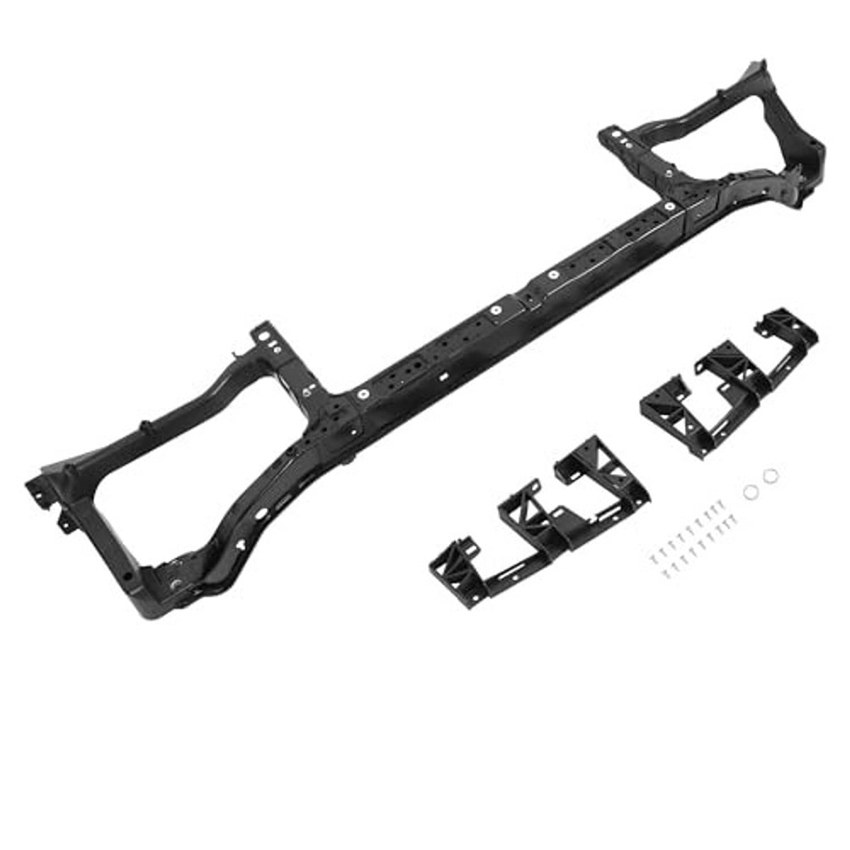 Upper radiator core support assembly kit pieces on black metal frame