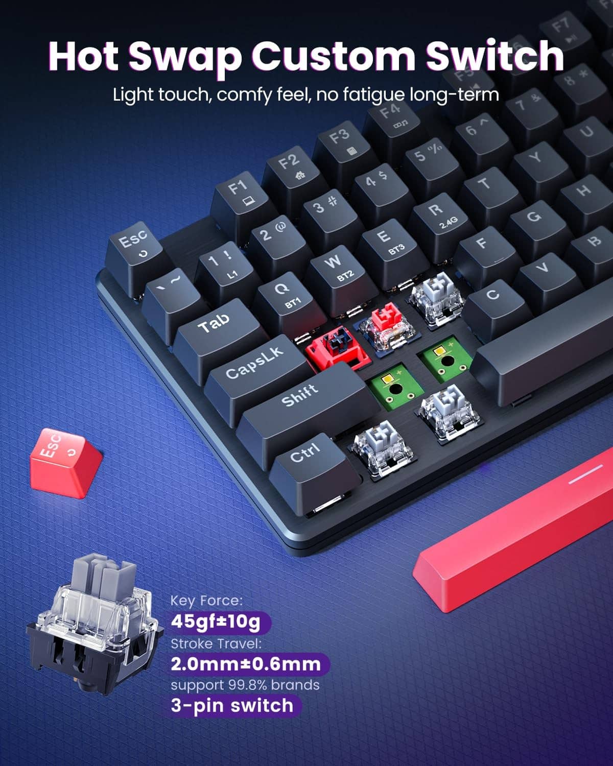 Hot-swap switch area on Redragon mechanical gaming keyboard, close-up of keycaps.