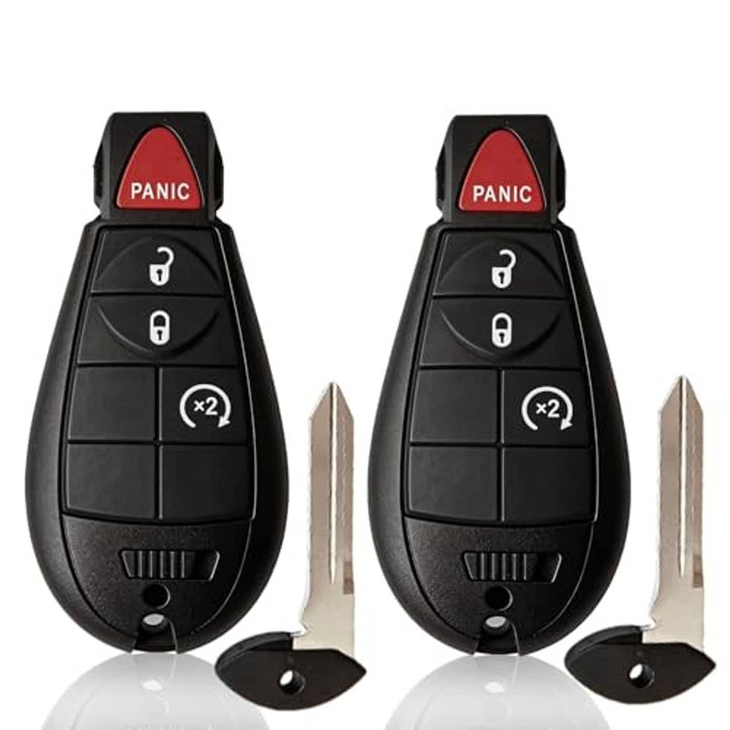 Pair of black key fobs with red PANIC button, lock/unlock controls and key blades