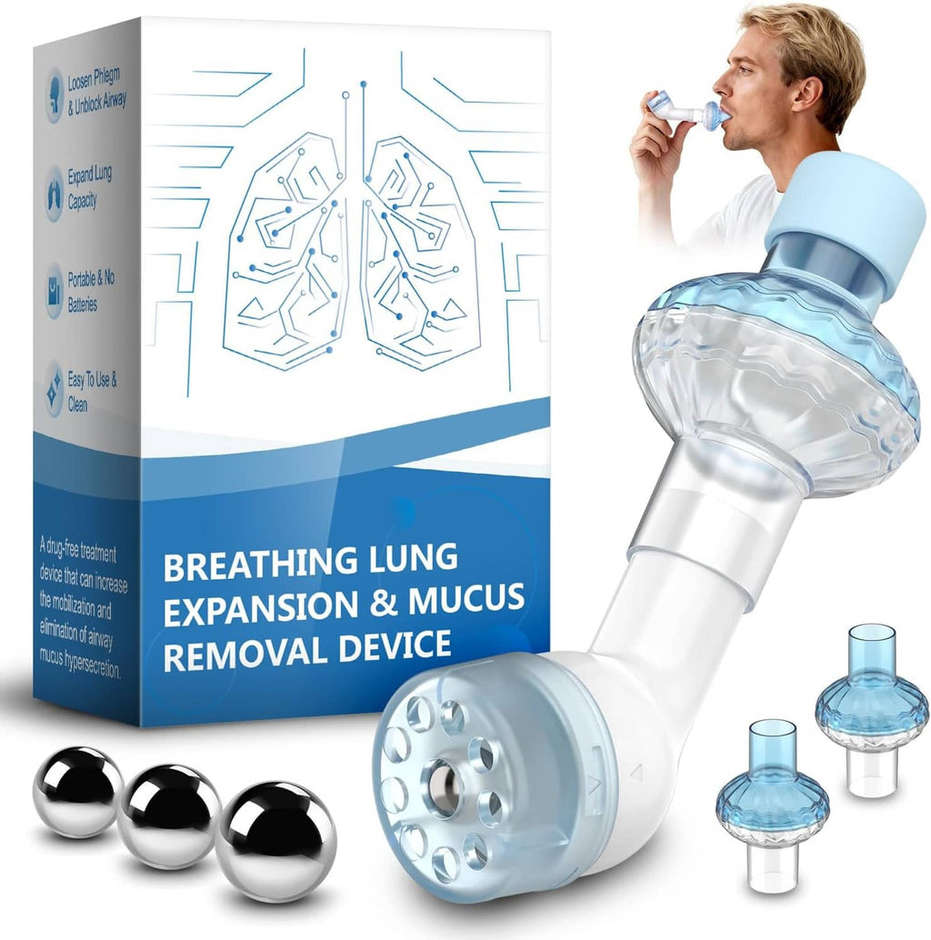 Portable breathing lung expansion device with blue mouthpiece and adjustable metal balls