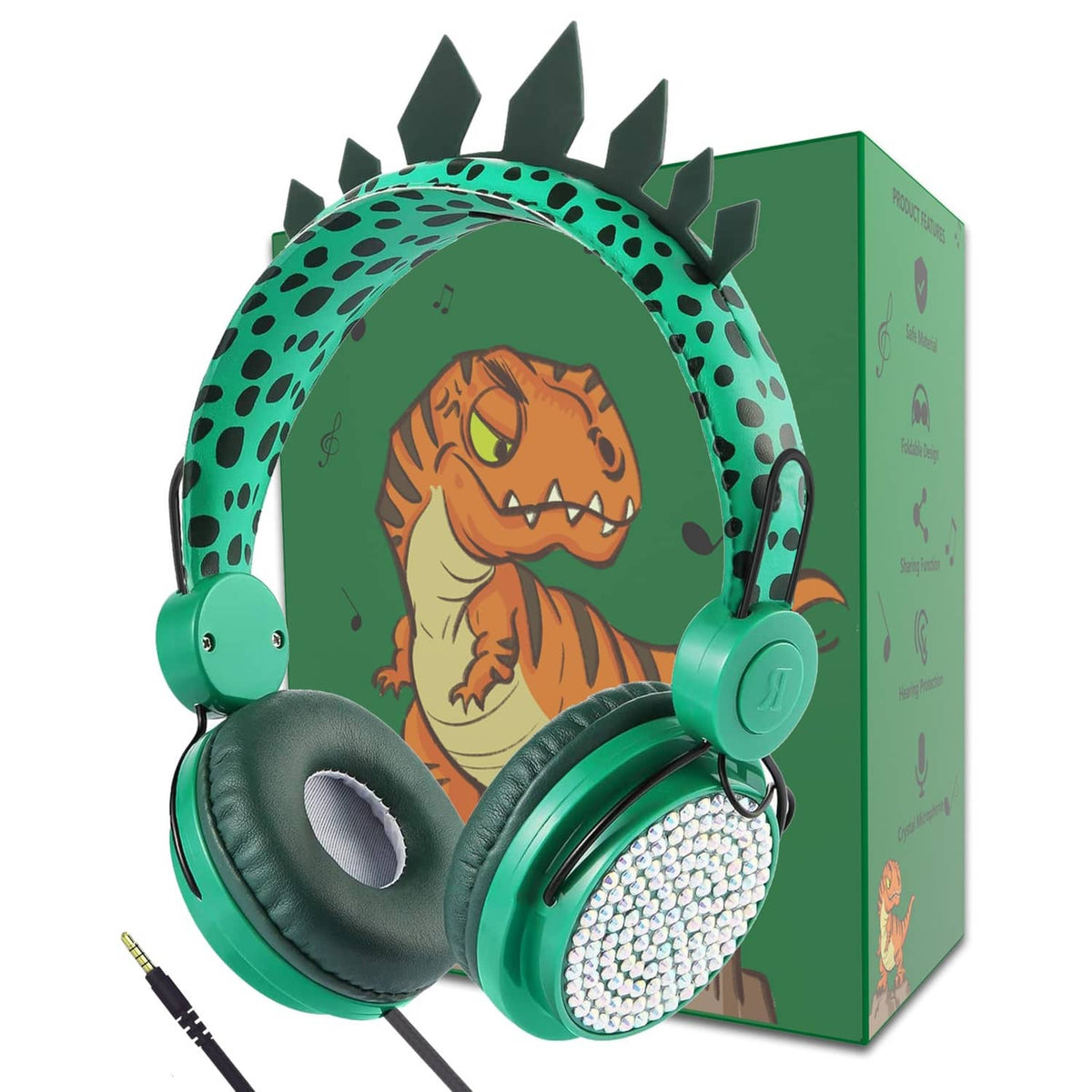 Green kids dinosaur wired headphones with padded ear cushions and adjustable headband