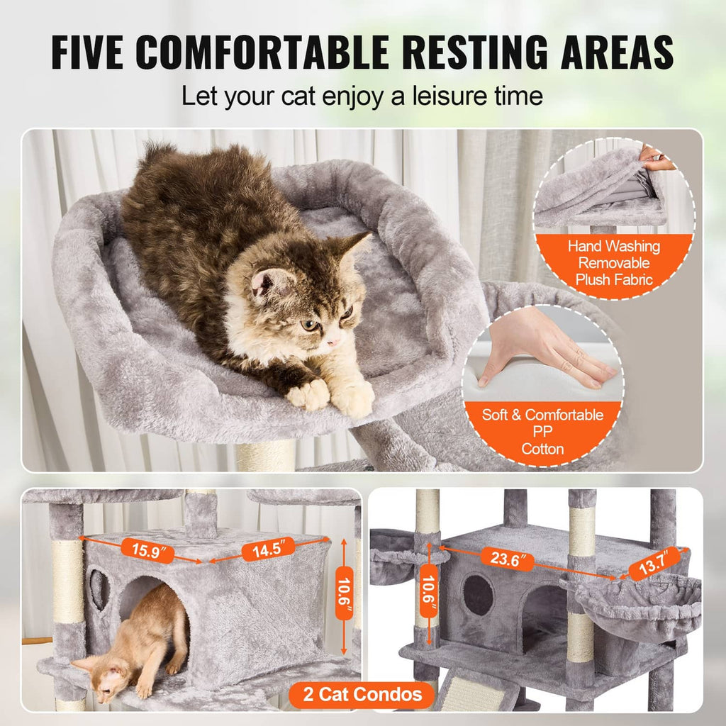 Light gray plush hammock bed on a multi-level cat tree with resting kitten