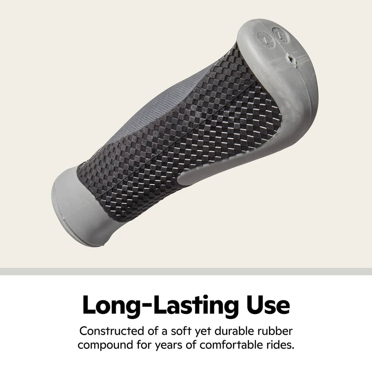 Ergonomic bike grip with black woven texture and soft gray end cap