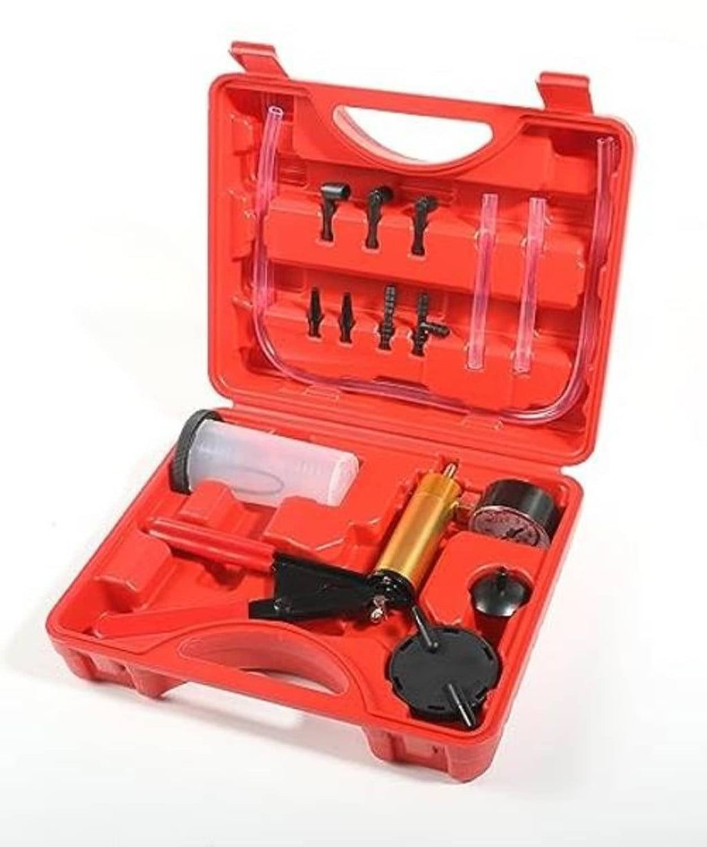 Brake bleeder vacuum pump kit in red case with adapters, hoses, and suction pump parts
