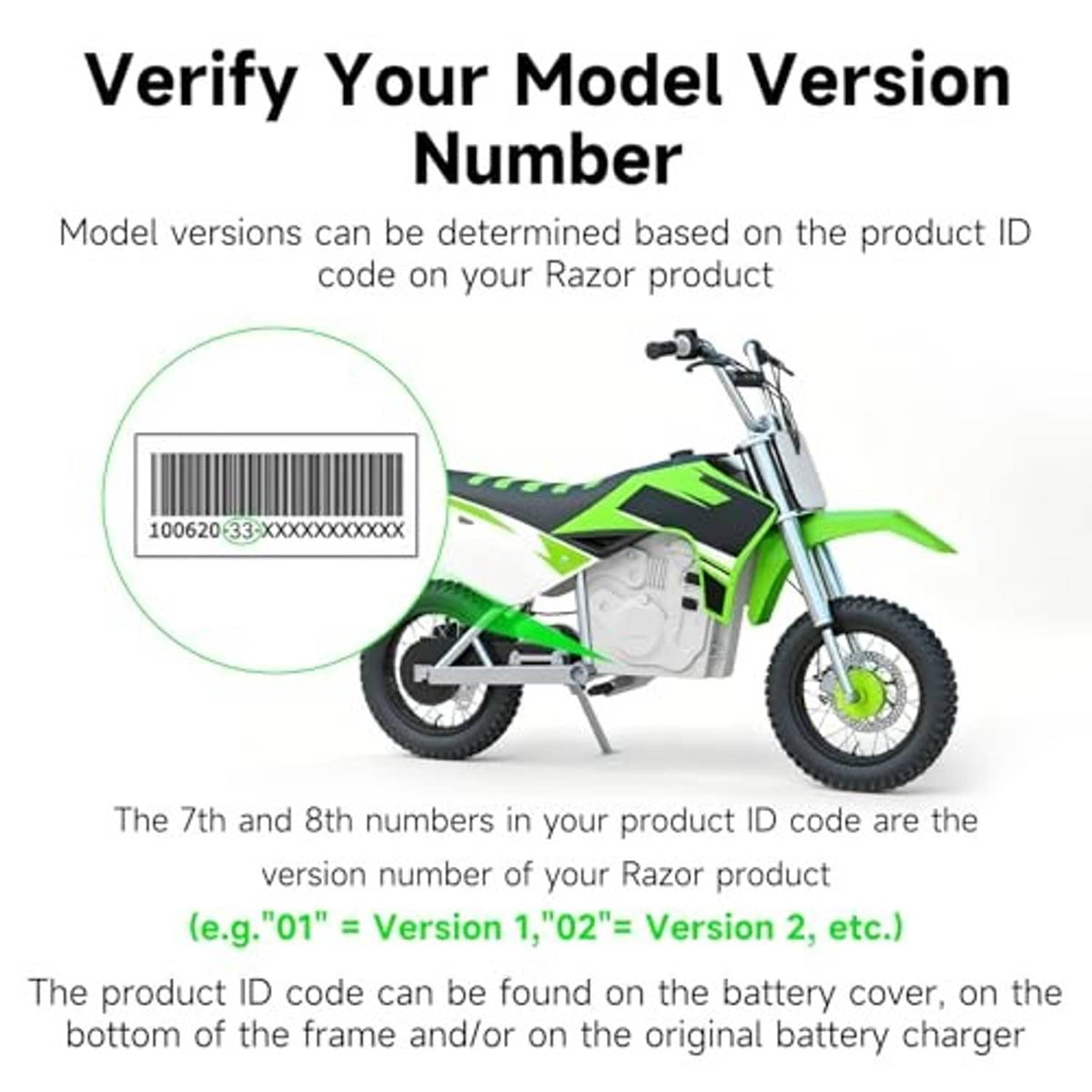 Instruction graphic for checking model version using product ID code label on bike