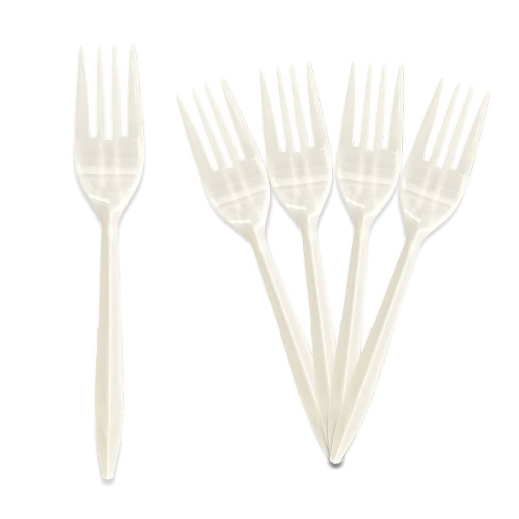 White disposable plastic forks, medium weight, multiple pieces fanned