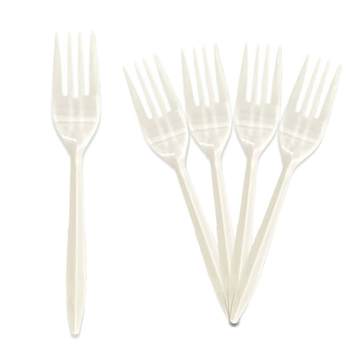 White disposable plastic forks, medium weight, multiple pieces fanned