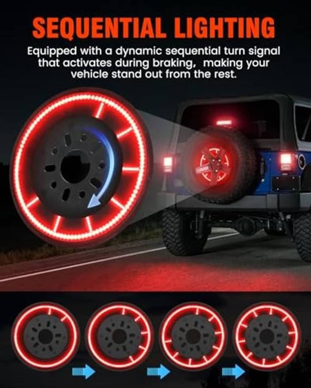 Spare tire brake light with red sequential LED ring