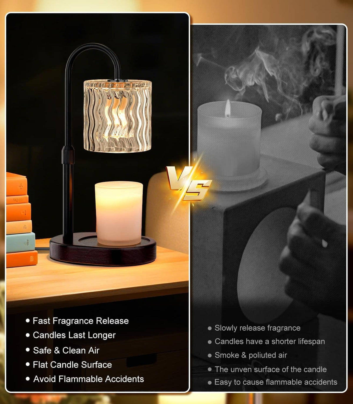 Electric candle warmer lamp with lit candle and clear wavy glass shade beside smoke plume