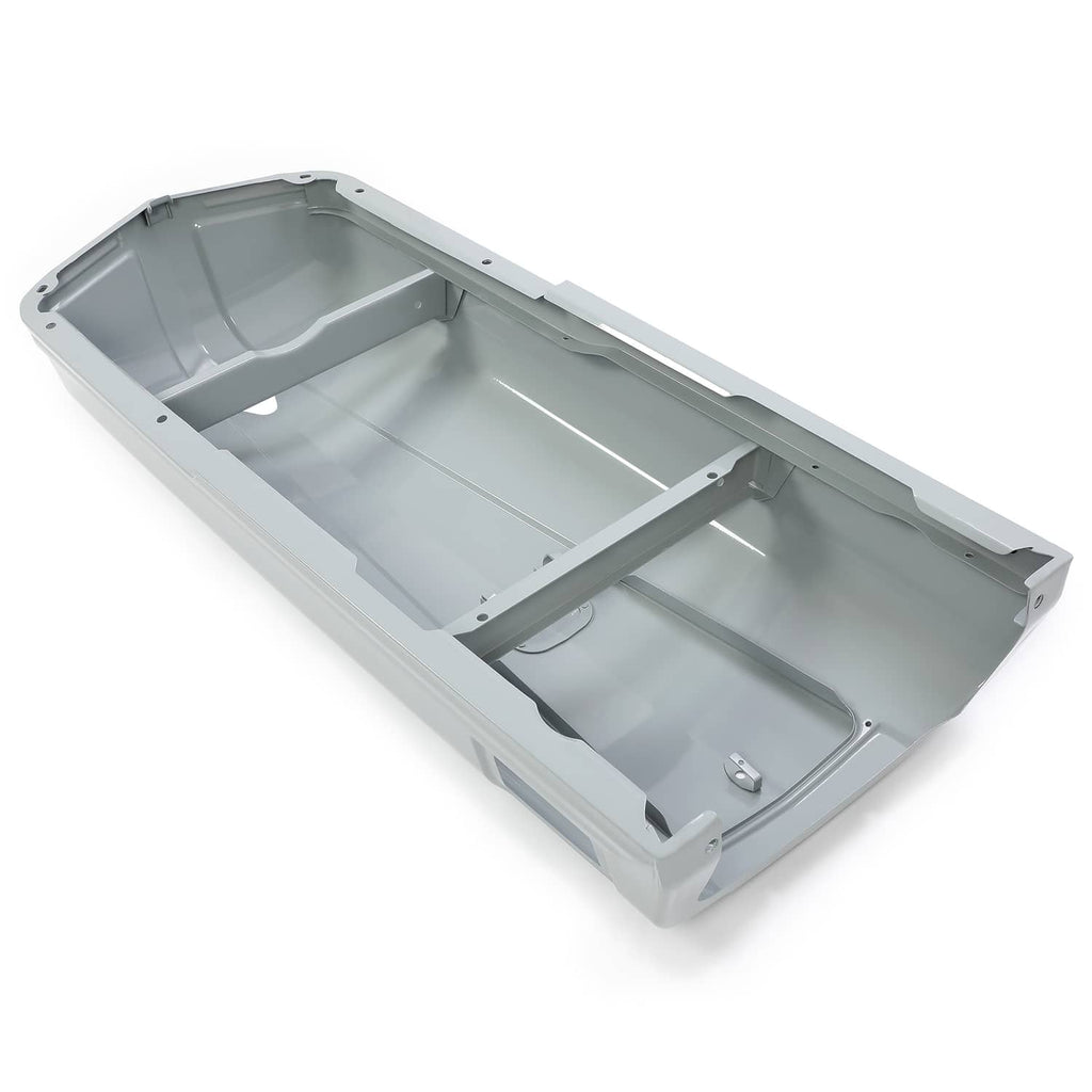 Inner base of gray tractor hood with empty battery tray and support ribs