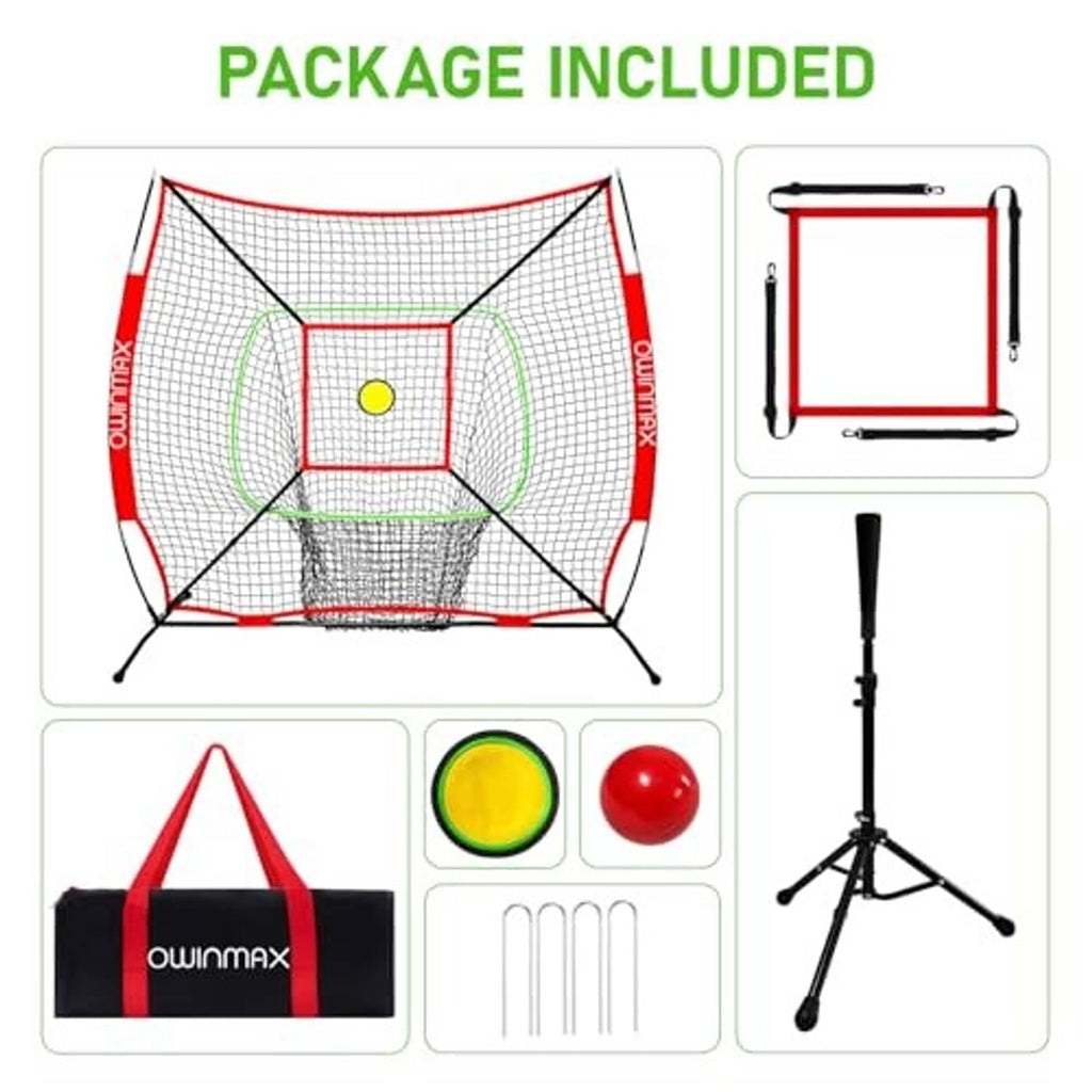 Baseball training net kit with net, yellow target, balls, tripod, and storage bag