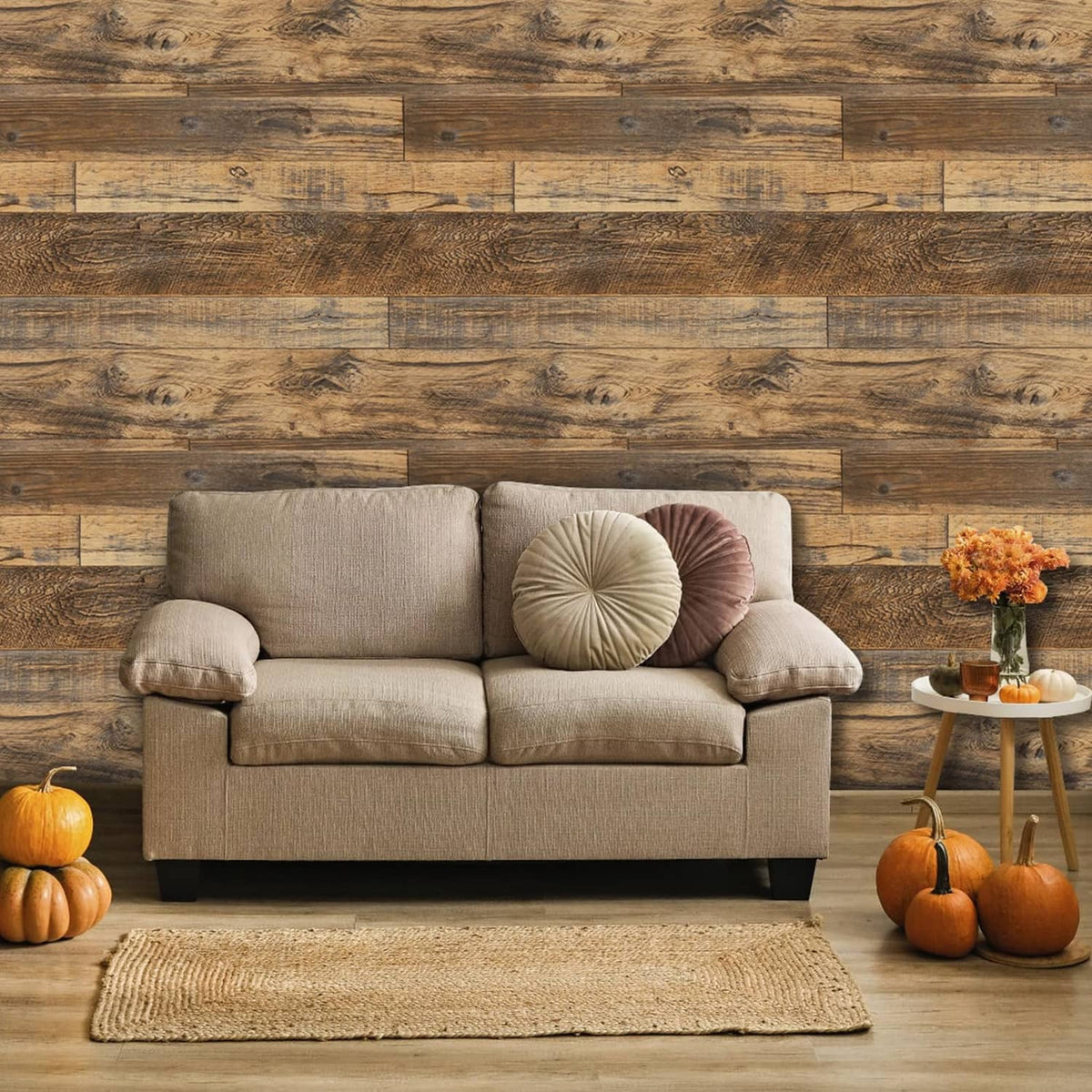 Peel-and-stick shiplap wood wallpaper, warm brown horizontal plank texture
