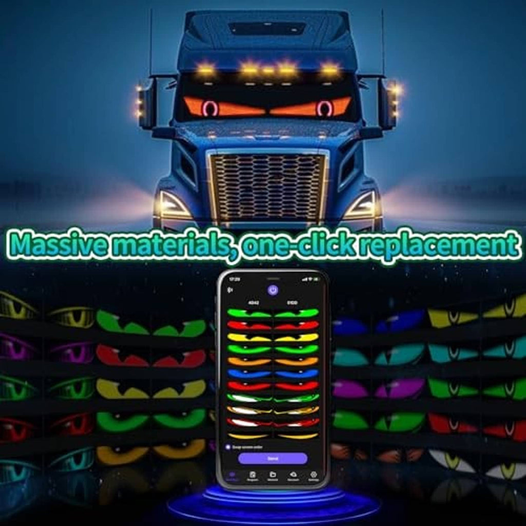 LED devil eyes panels with smartphone preview showing colorful rows of glowing eyes