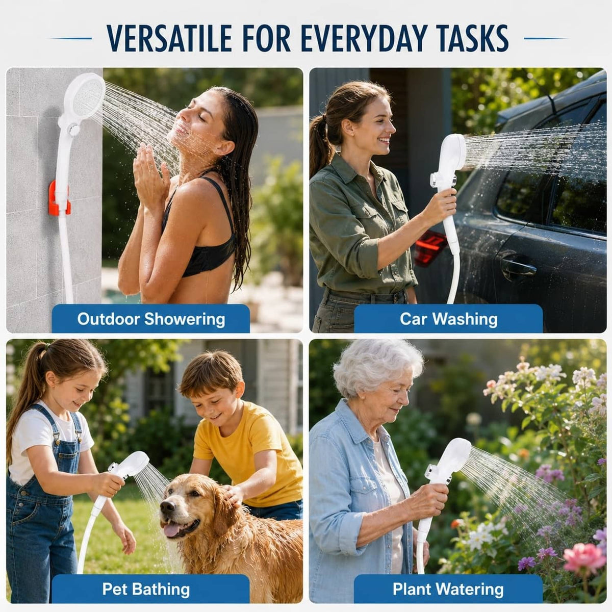 Portable shower system for outdoor use, with handheld showerhead and water hose