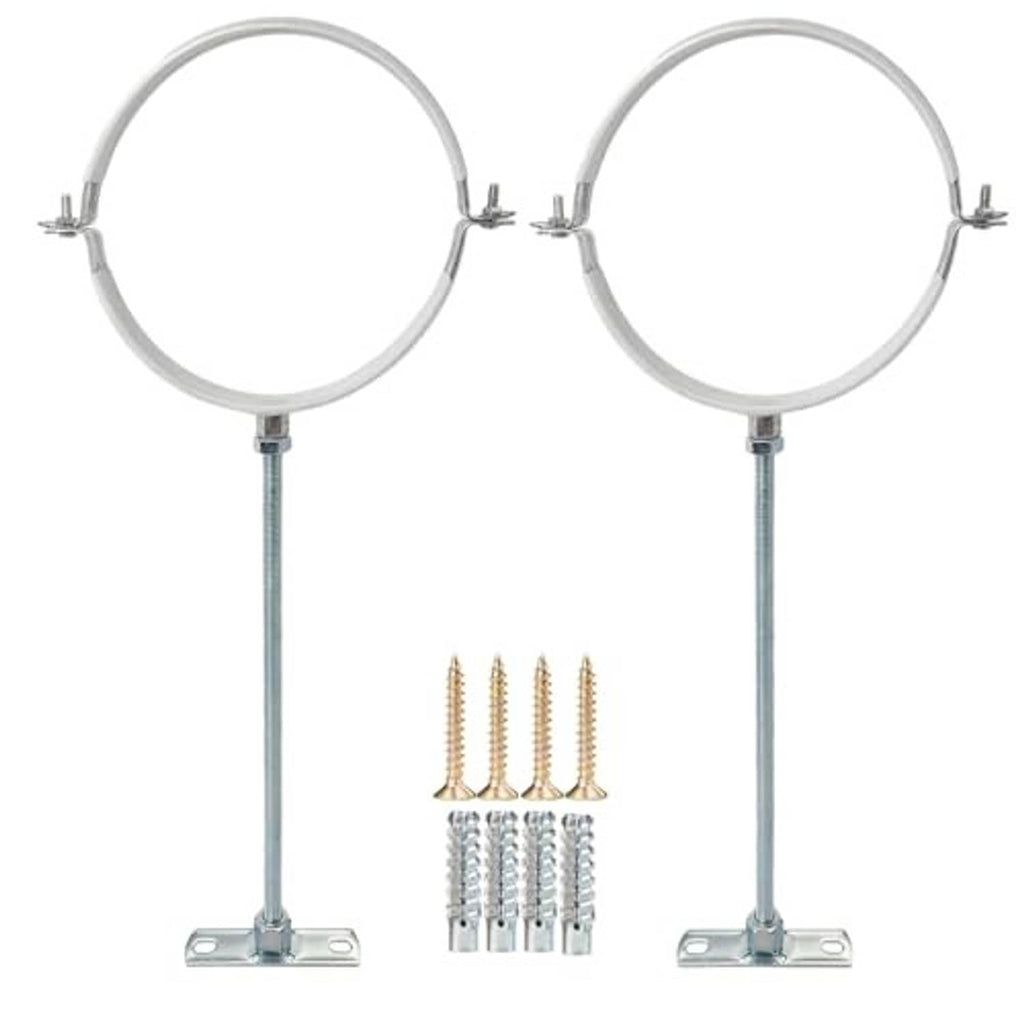 Set of 2 adjustable pipe hangers with white rings, galvanized vertical rods, wide base plates