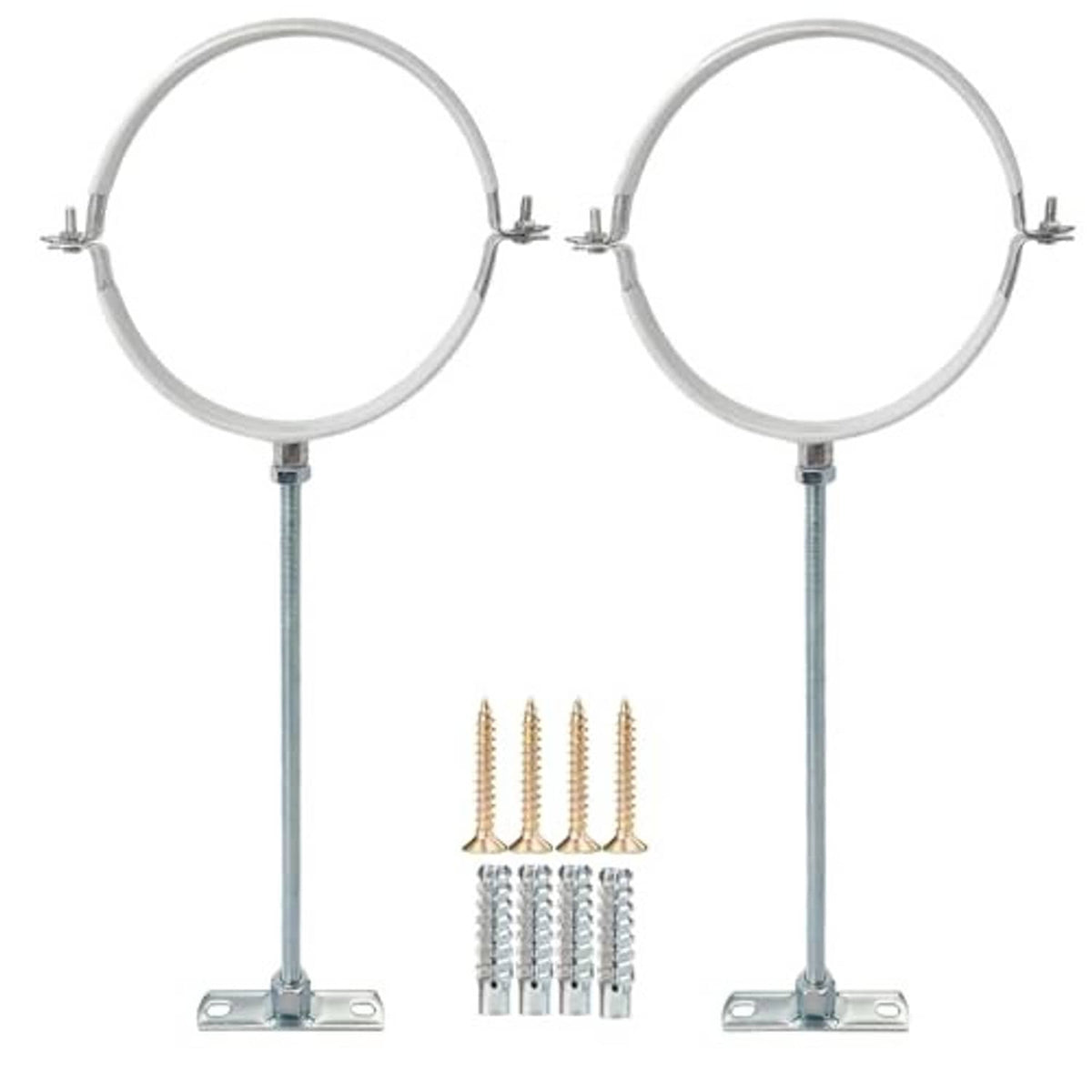 Set of 2 adjustable pipe hangers with white rings, galvanized vertical rods, wide base plates